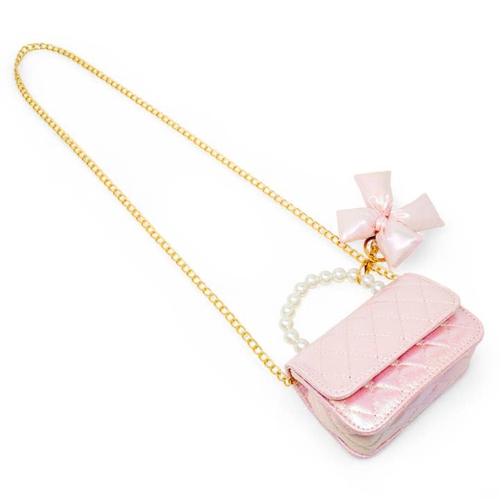 Tiny Treats Shiny Quilted Fluffy Bow Handbag - Pink