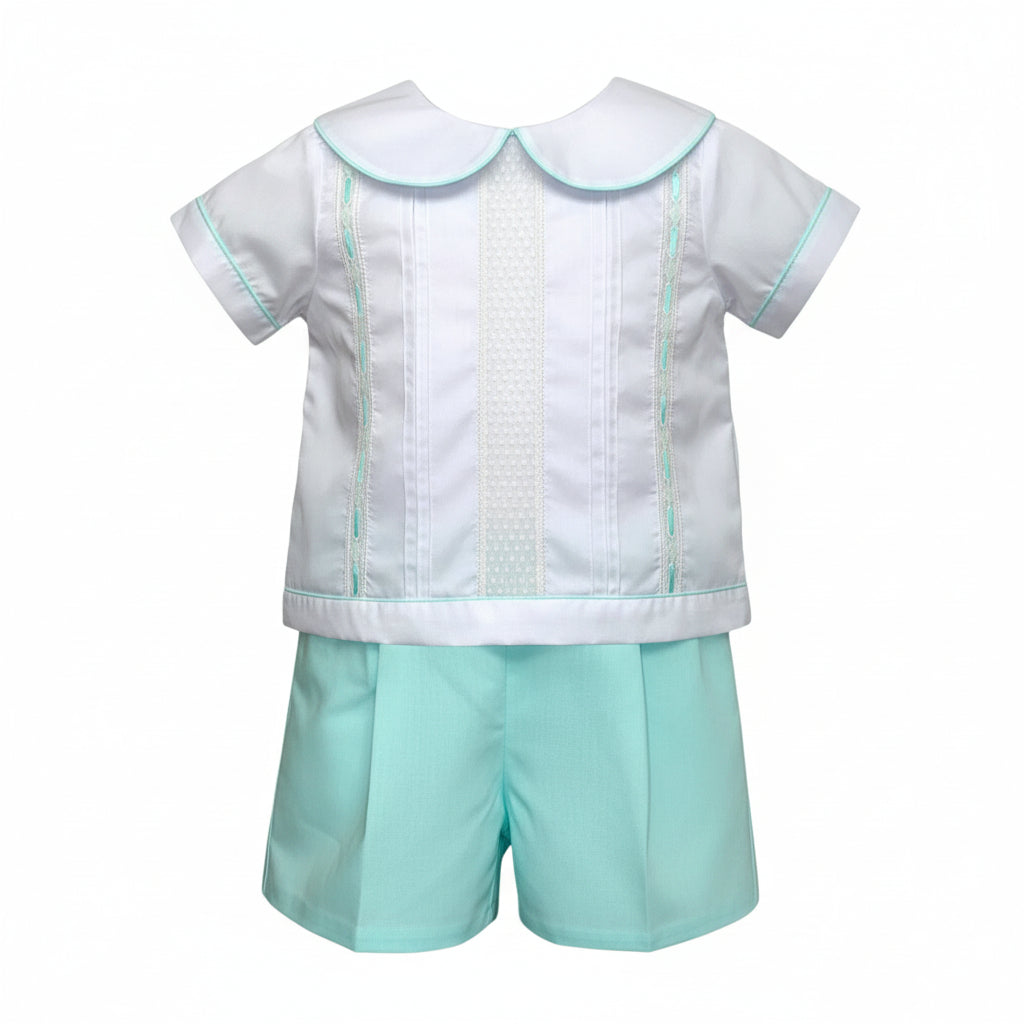 Treasured Memories Boys White Shirt W/Seafoam Piping & Seafoam Shorts Ecru Insertion & Seafoam Ribbon S10177 5202