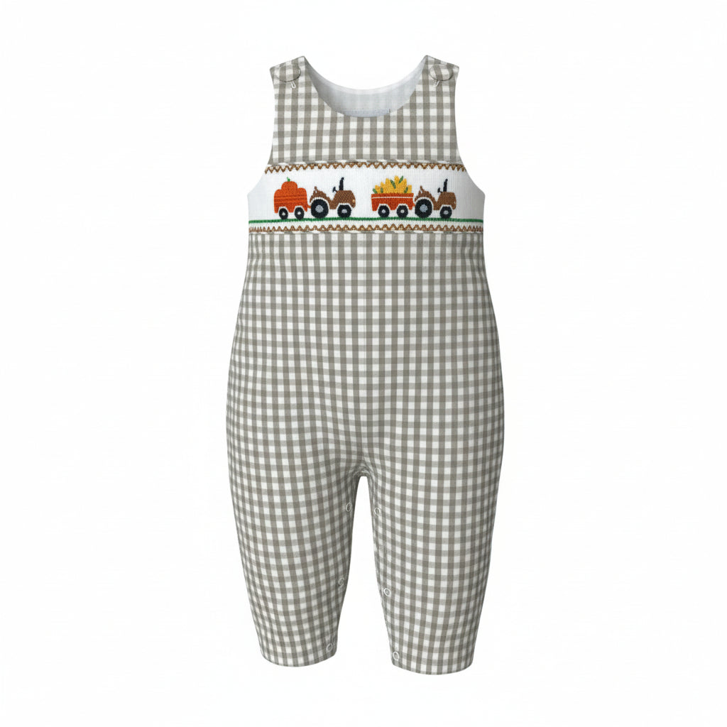 Delaney Boys Tan Gingham Smocked Field Tractor Long Jon Jon DELF-25-144 5207