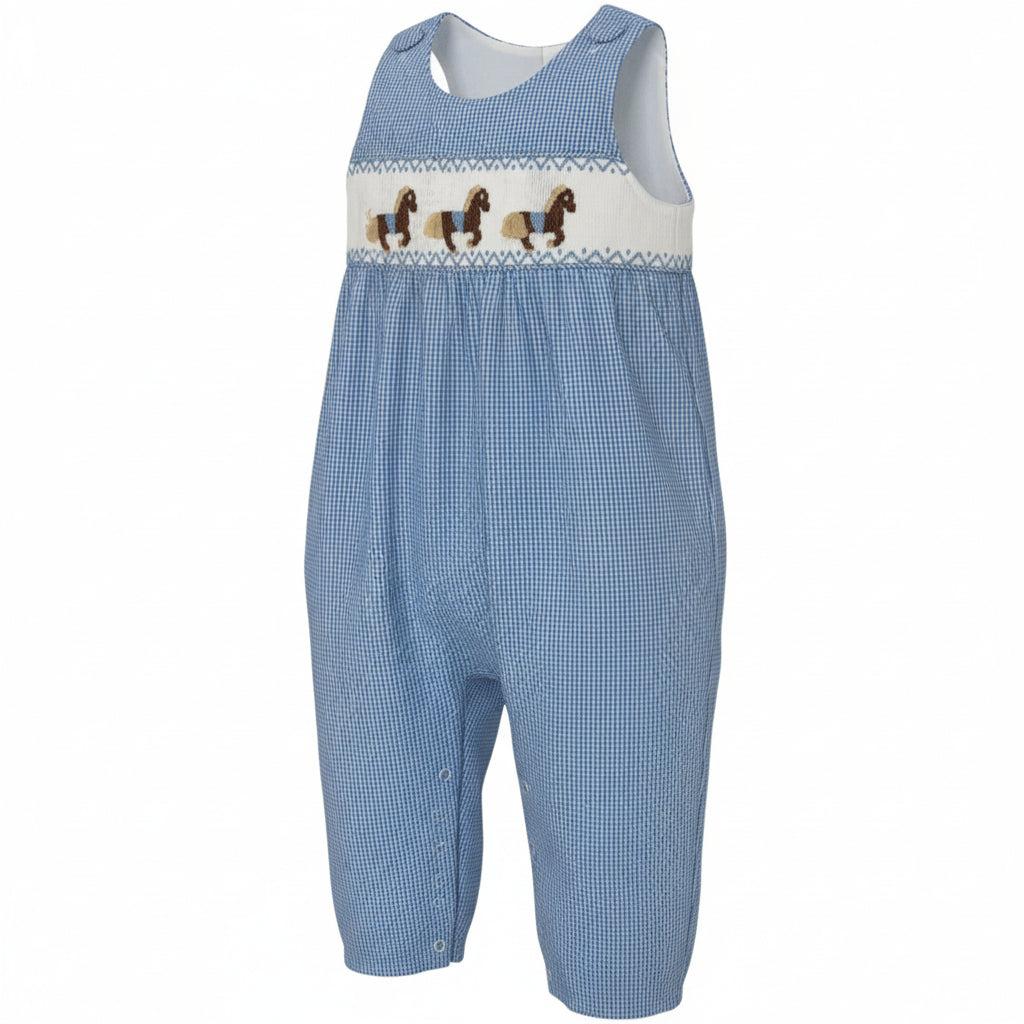 Delaney Boys Blue Check Long Jon Jon Smocked Horses DELF25-187 5207