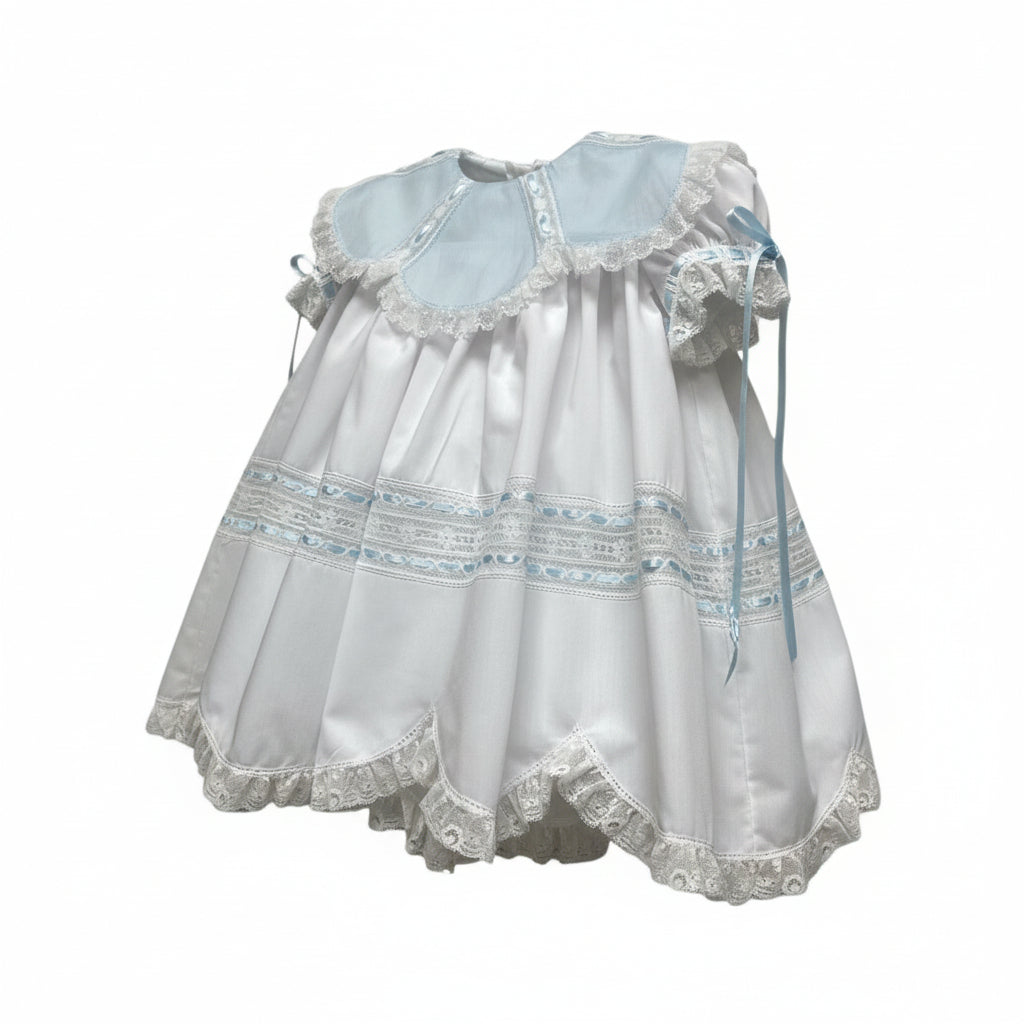 Treasured Memories White Dress W/Blue Scalloped Collar W/White Lace & Blue Ribbon S2692 5212