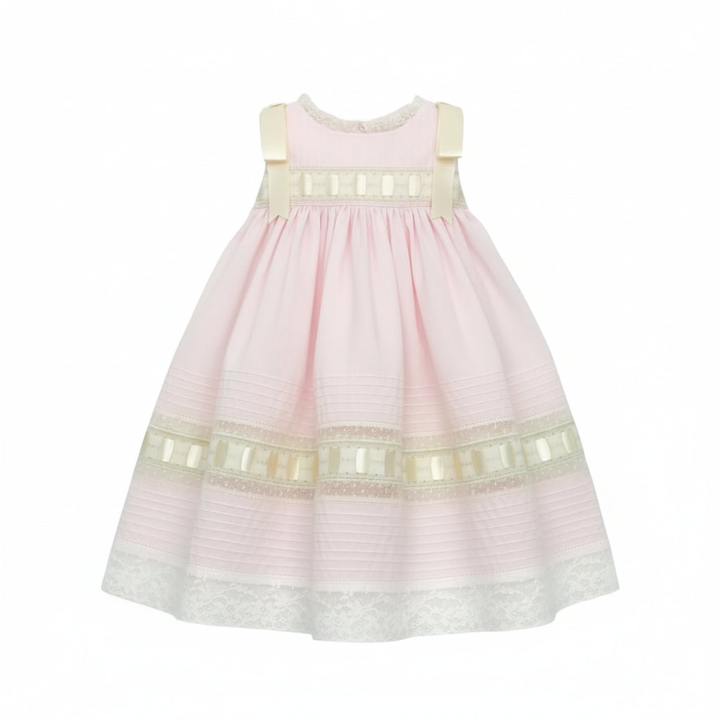 Treasured Memories Pink Sleeveless Dress w/ Ecru Lace & Shoulder Ribbons S1018 Pk/Ec/Ec