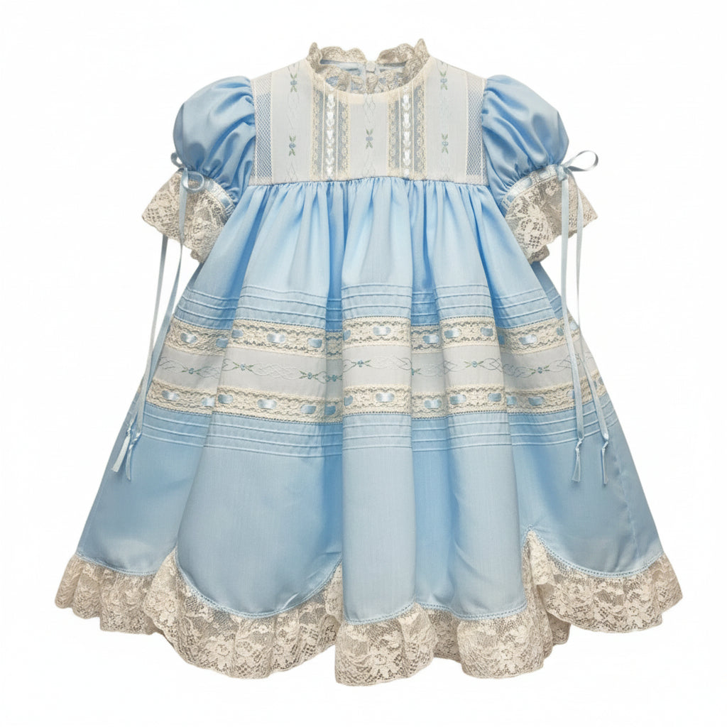 Treasured Memories Blue Dress W/Ecru Lace & Insertion Lace Sleeves ( 0n sizes 2t & above) & Blue Ribbon S2695 5212