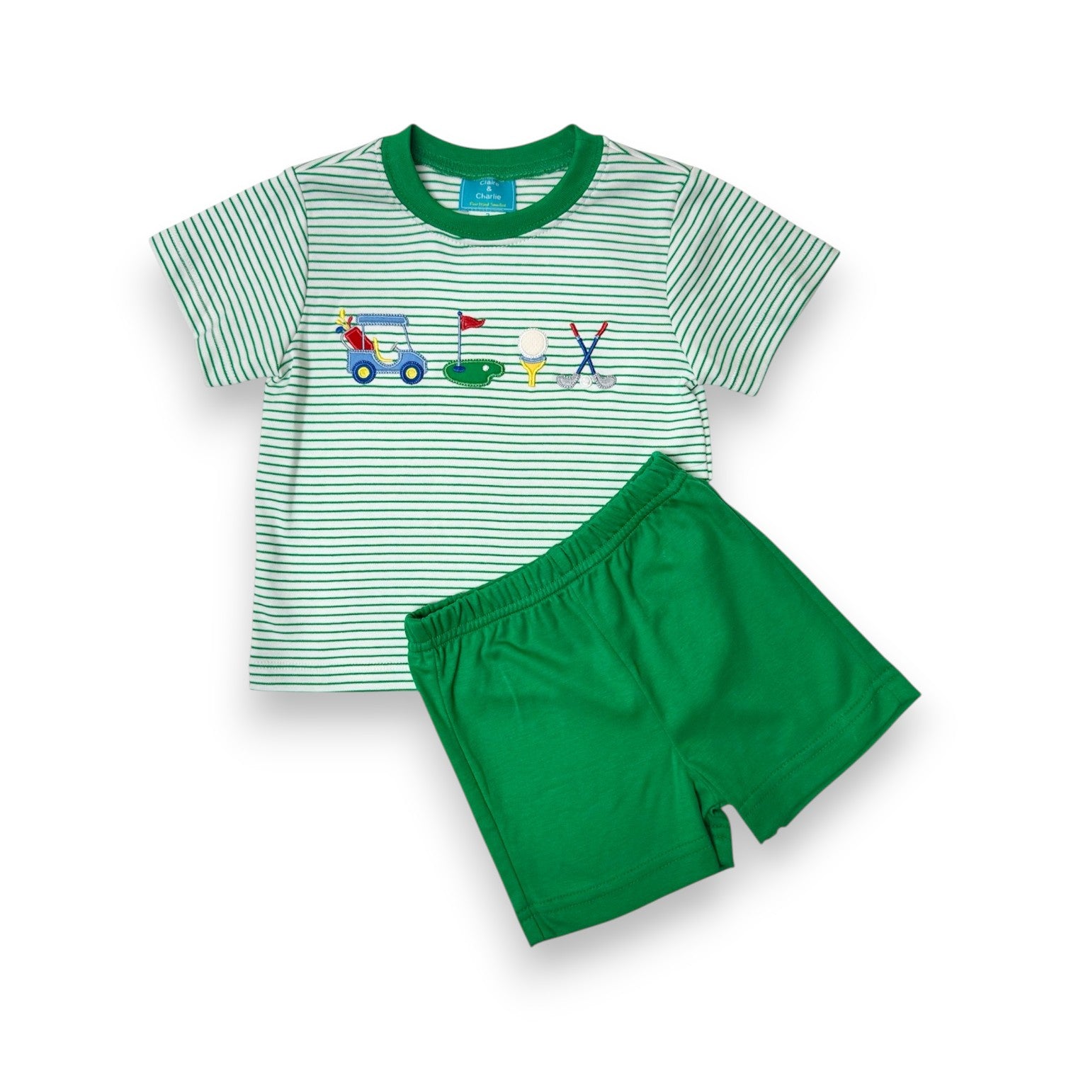 Claire & Charlie Green & White Stripe Shirt W/Golf App W/ Green Shorts 5010p/5045SB 5303