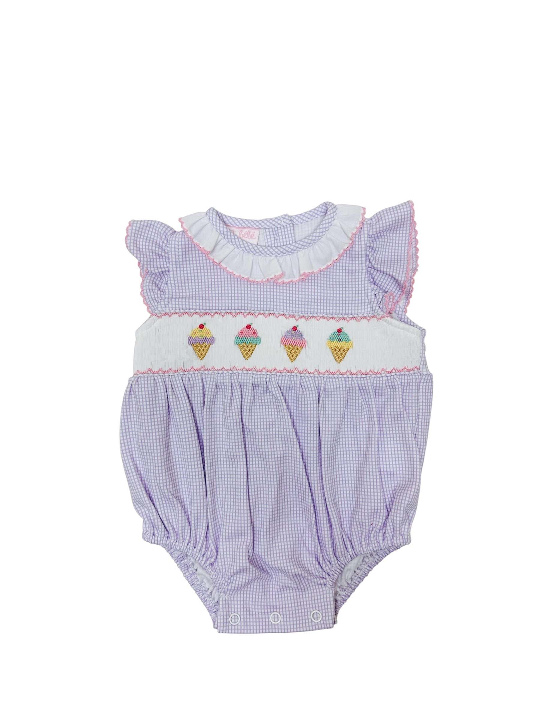 Petit Bebe Ice Cream Lilac Knit Gingham Sleeveless Girl's Sunbubble W/White Ruffle Collar 431F-MS26