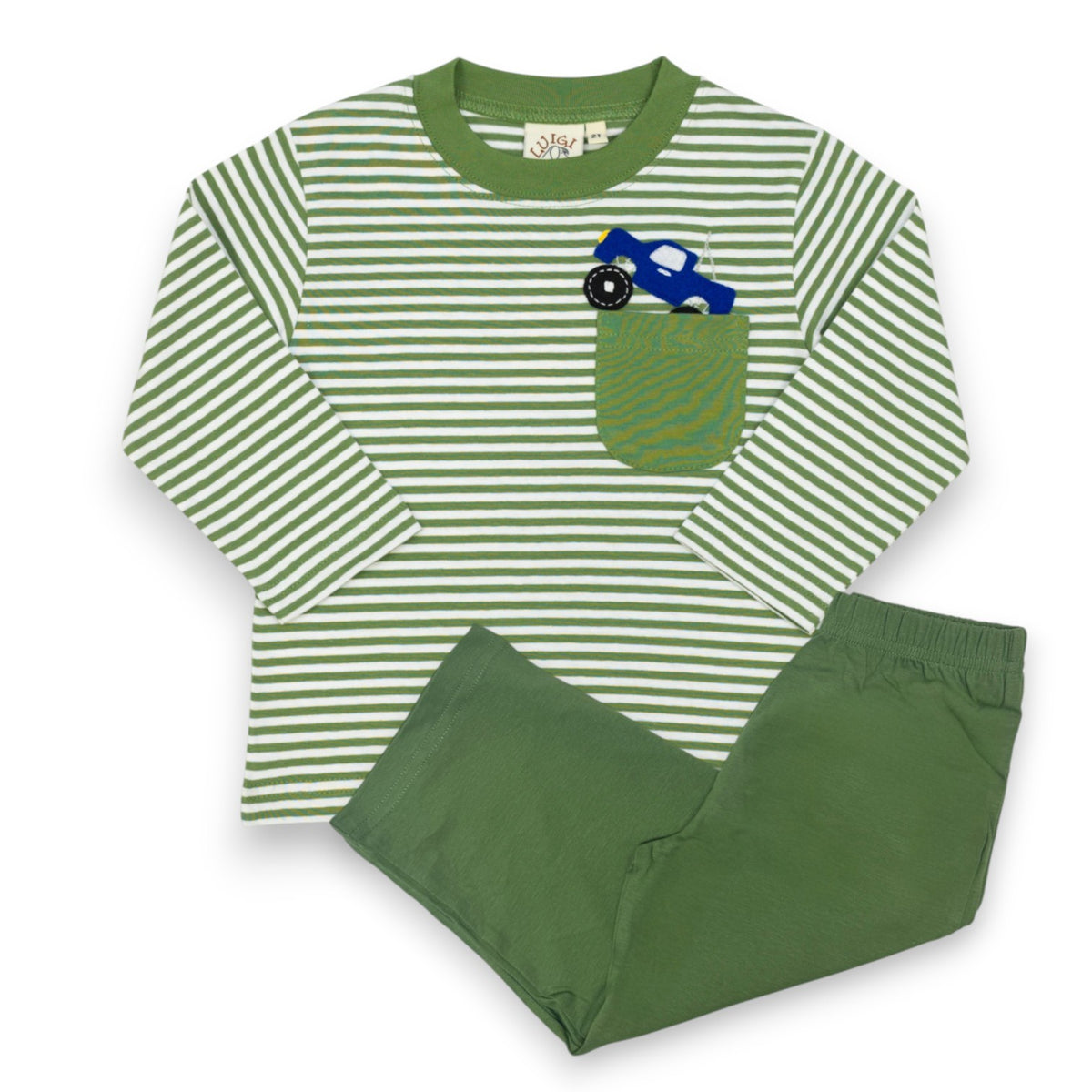 Luigi Monster Truck Applique Stripe T-Shirt & Jersey Solid Straight Pants Peapod Green T081S-13912/P014-829 5309