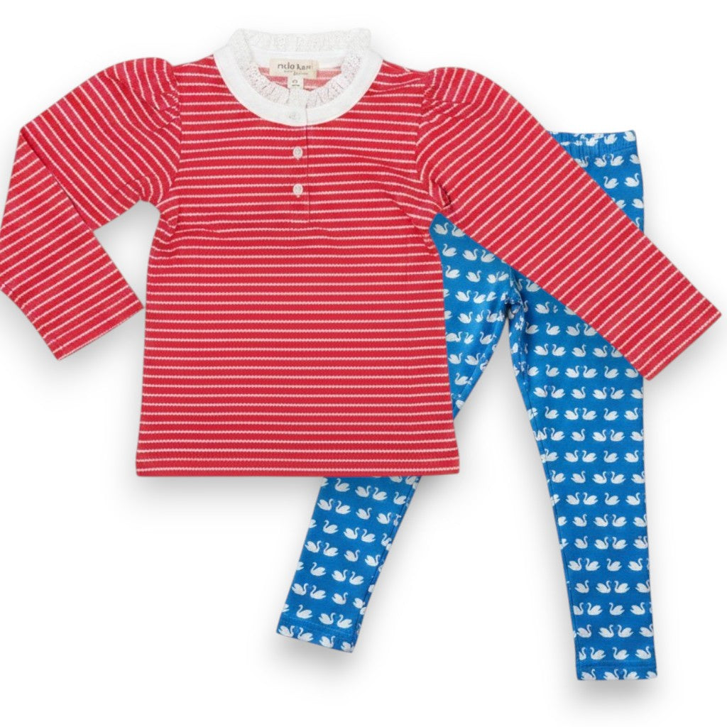 Nella June Lace Trim Long Sleeve Tee Red Heart Stripe & Girls Nylon Leggings Swan NJ141/NJ133 5307