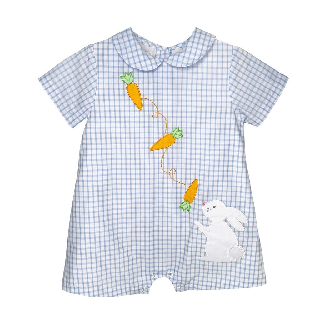 Petit Ami Blue/White Windowpane Bunny/Carrots Applique Romper 2736/3736 5212