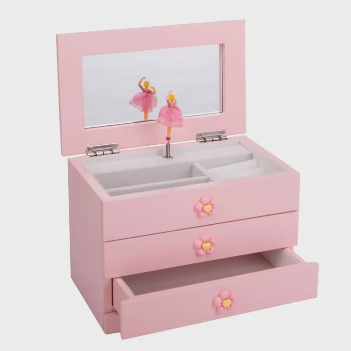Magnolia Pink w/ Pink Flower Knobs w/Ballerina 8.3x5.9 Musical Jewelry Box