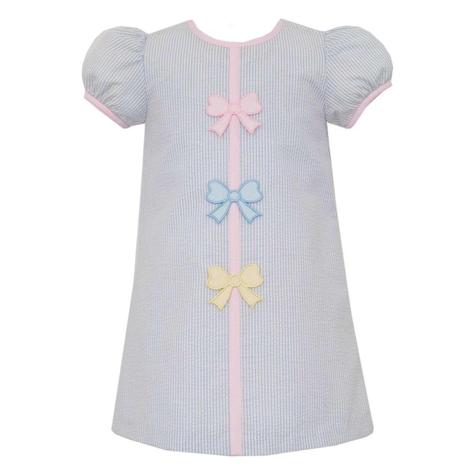Claire & Charlie Pastel Bows Lt Blue Seersucker A-Line Dress W/Round Neck 5002D-CS26 5212
