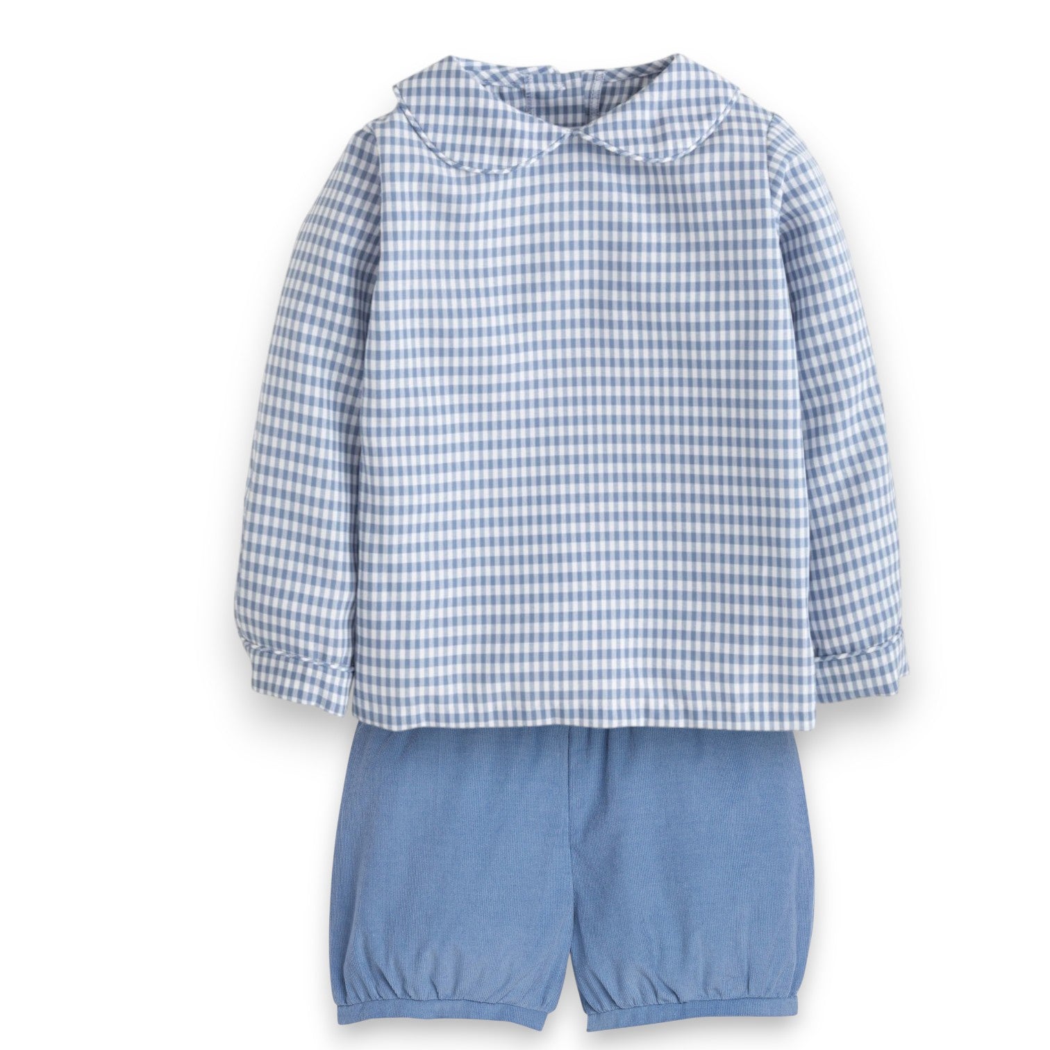 Little English Peter Pan Shirt Gray Blue Gingham & Stormy Blue Cord Banded Short