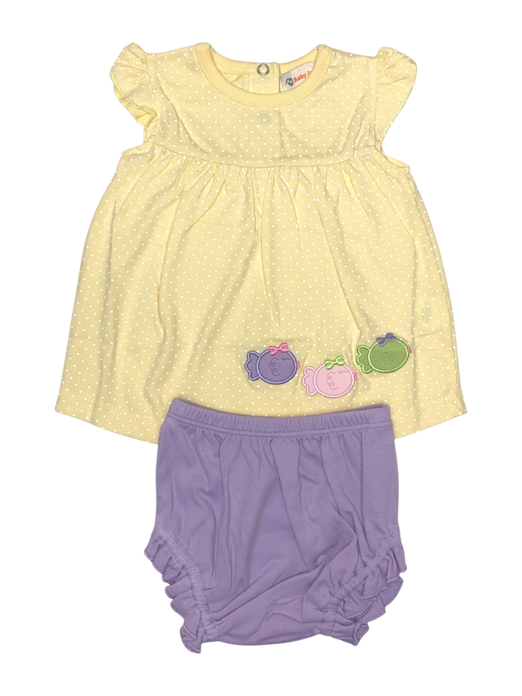 Luigi Yellow/White Polka Dot Angel Wing Blouse W/Fish Applique & Lavender Diaper Cover ITS215P-M5183/IDC001-67 5212
