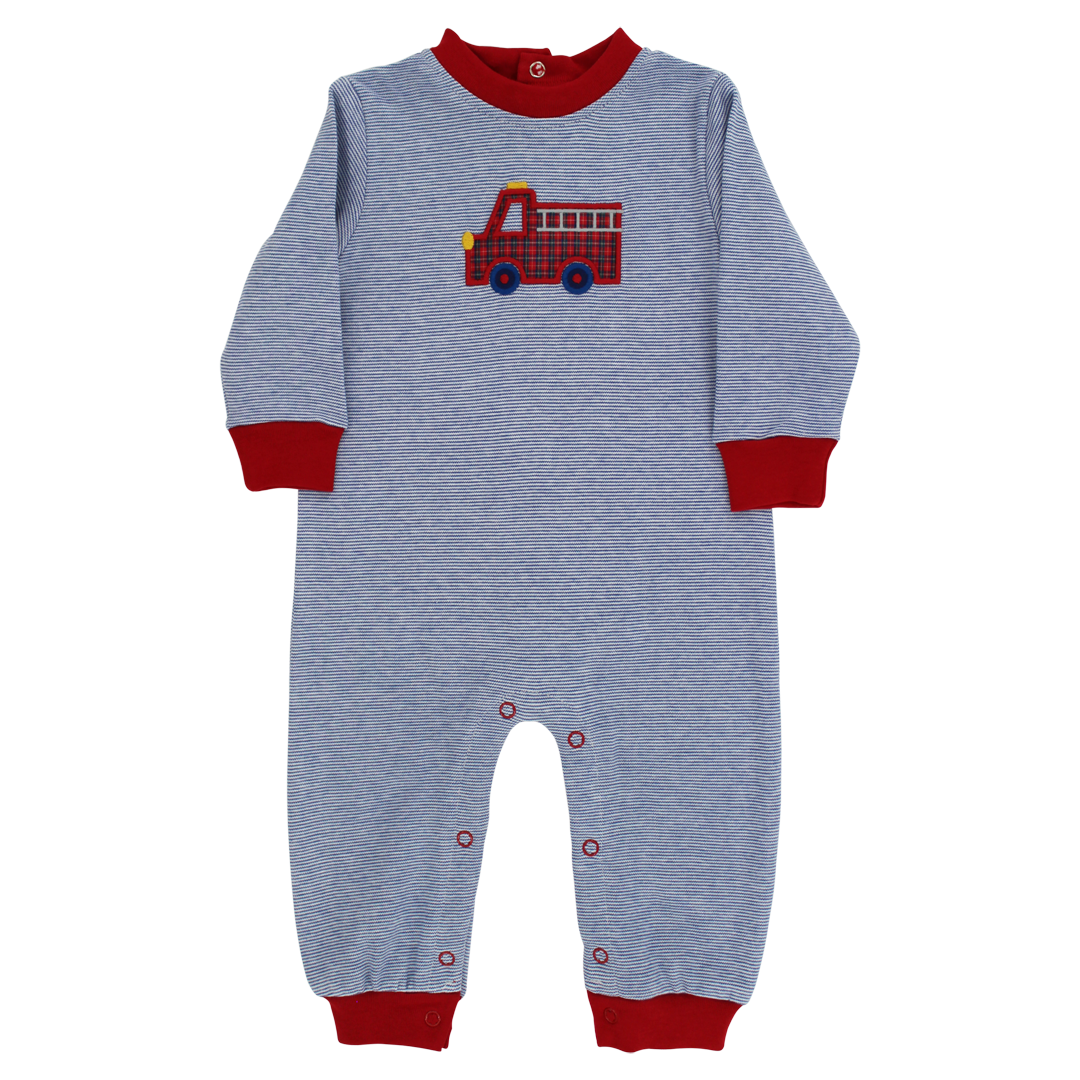 Bailey Boys Little Plaid Firetruck Knit Romper 26505-COE 5306