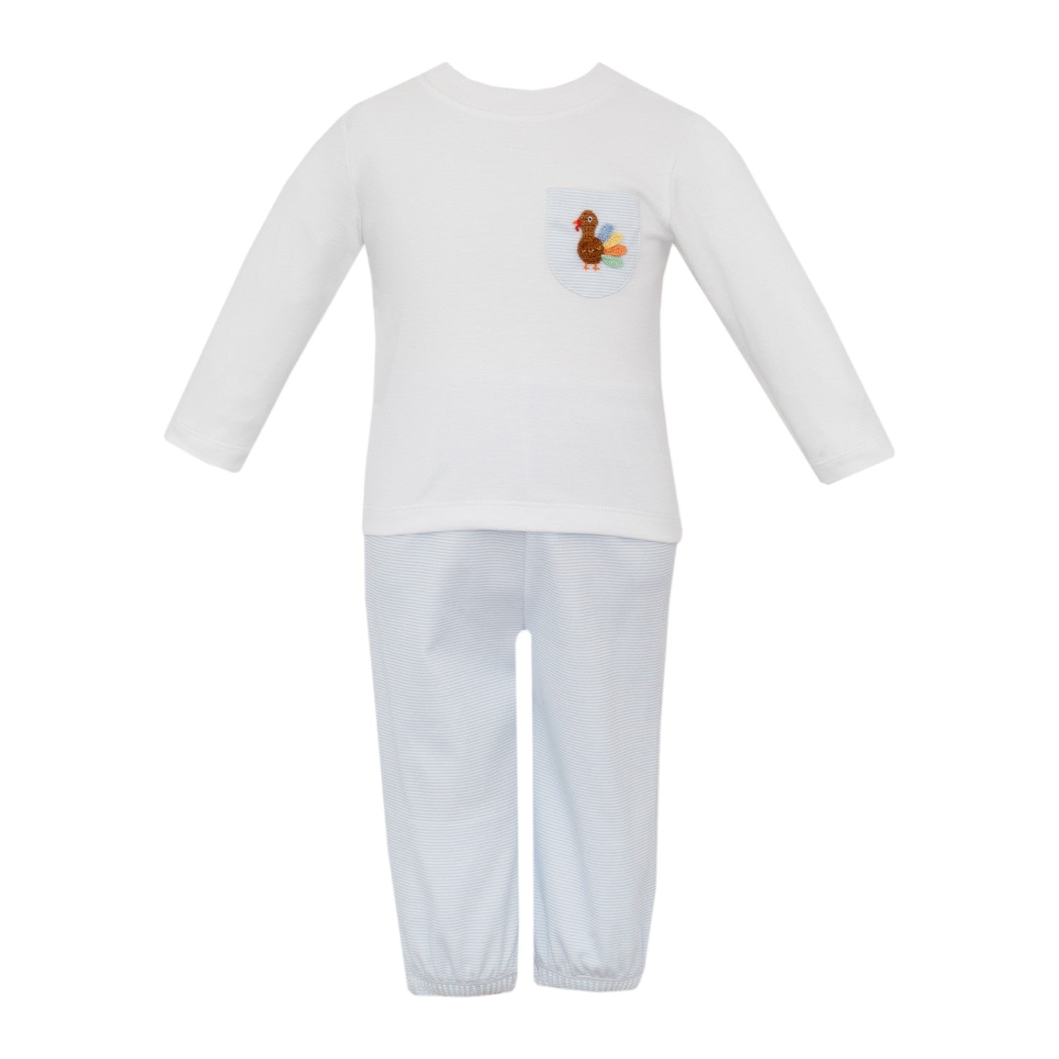 Petit Bebe Turkeys Boy's Lt Blue Stripe knit Boy's Pant Set W/White Knit T-Shirt L/S 470M2-MF25 5209