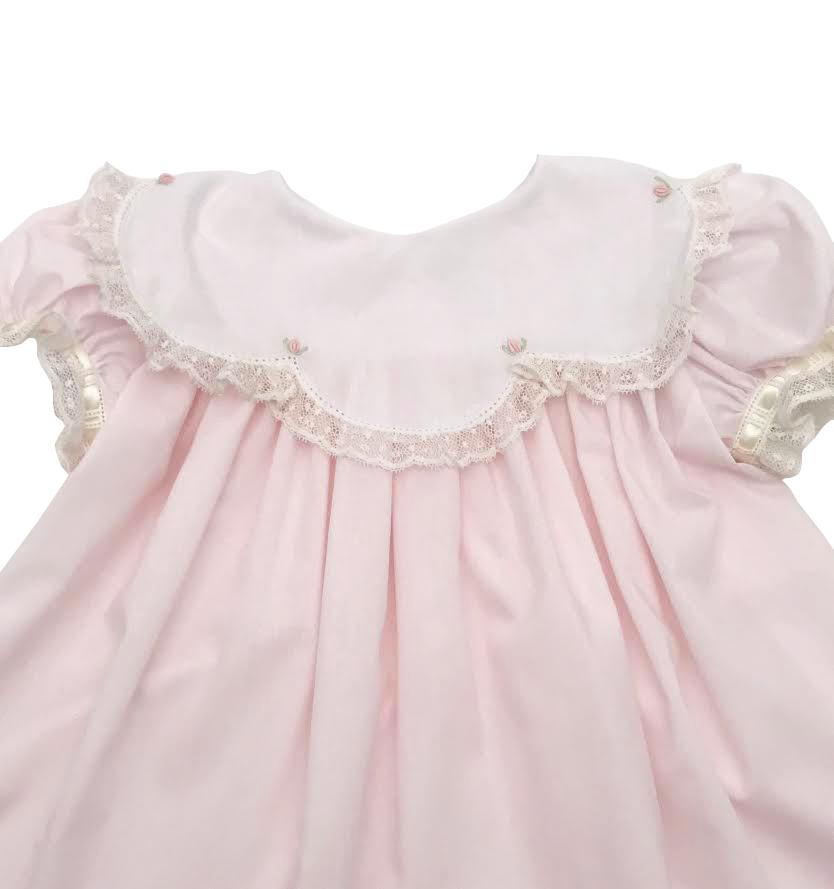 Treasured Memories Pink Scalloped Collar Dress w/ Pink Rosettes & Ecru Lace/Ribbon 1902 PK/EC 5101