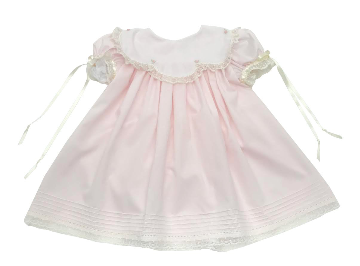 Treasured Memories Pink Scalloped Collar Dress w/ Pink Rosettes & Ecru Lace/Ribbon 1902 PK/EC 5101