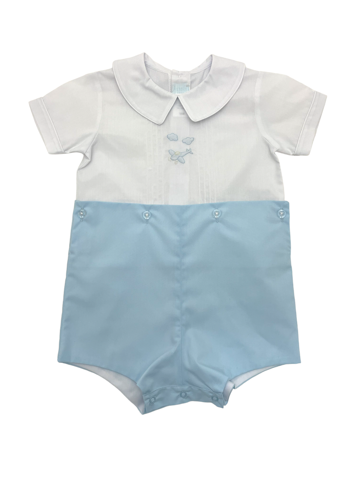 Auraluz Boy Suit Blue/White W/Tucks Boy Collar Plane Shadow Emb 769