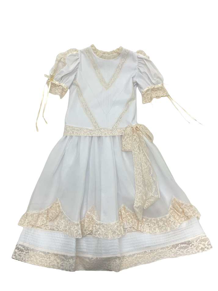 Treasured Memories White Drop Waist Dress W/Ecru Lace & Ribbon S2834
