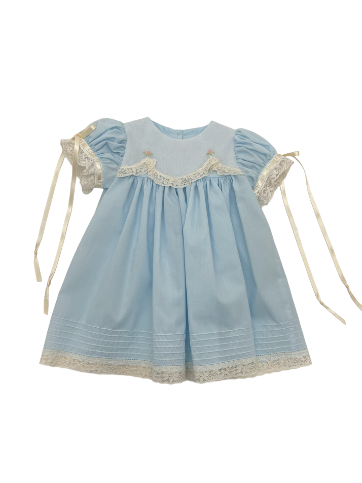 Treasured Memories Blue Dress W/White Scalloped Collar & ecru Lace & Ribbon & Bullion Roses S2843