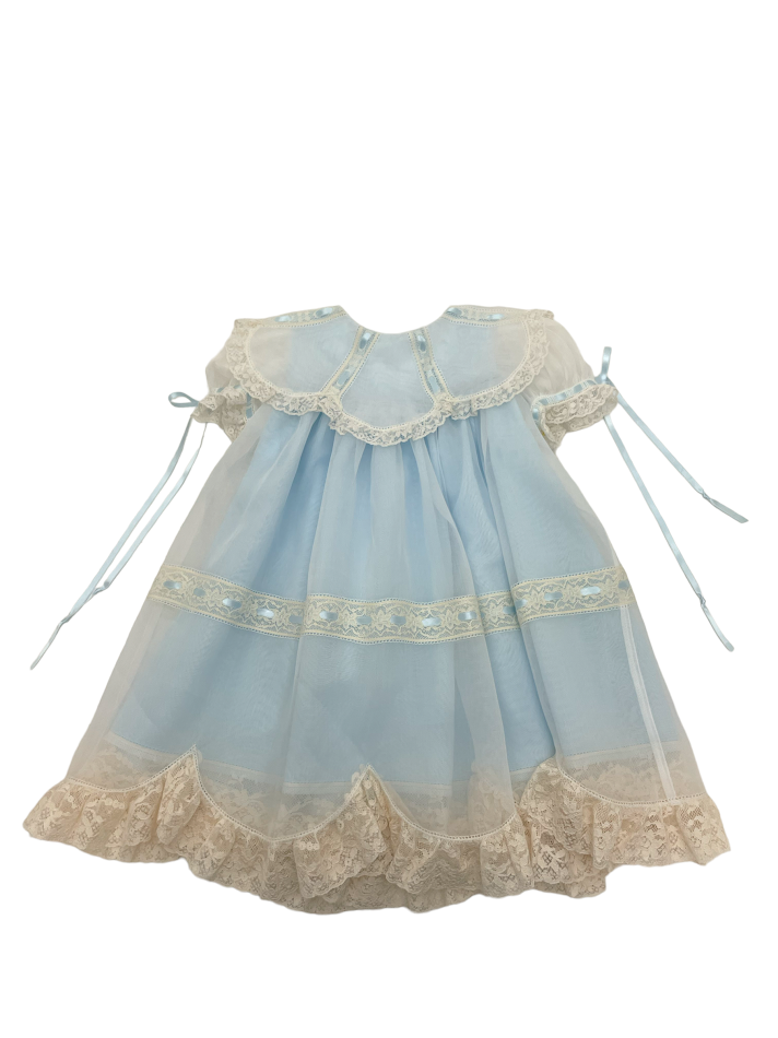 Treasured Memories White Organdy Overlay Dress W/ Blue Underdress W/Blue Ribbons & Ecru lace & insertion S2848