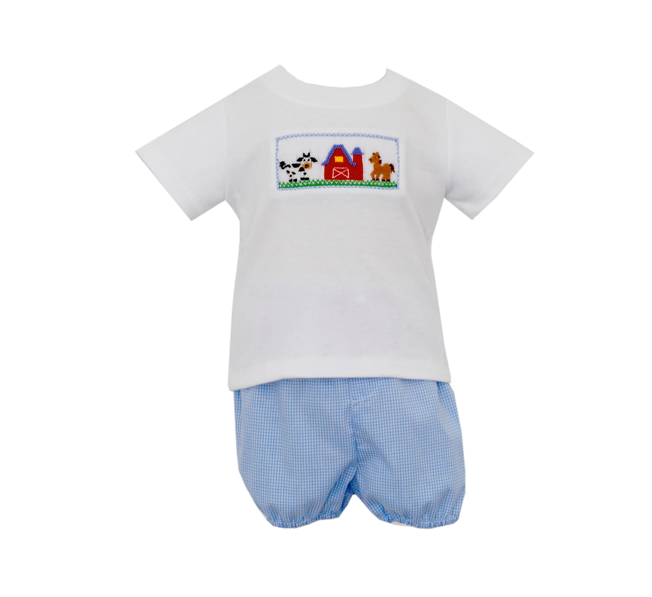 Petit Bebe Farm Boy's Diaper Set S/S White T-shirt W/Lt Blue Check Diaper 115M-MF23 5006