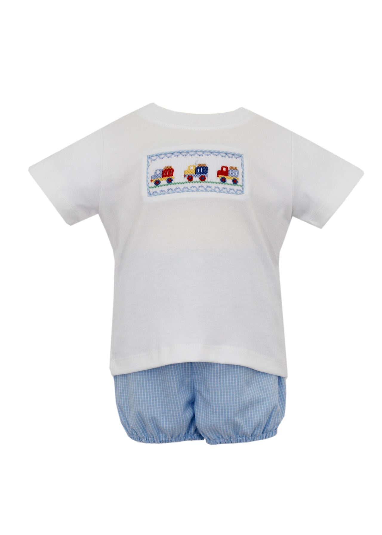 Petit Bebe Dumptrucks Boy's White T-Shirt Bloomer Set Blue Check 131M-MS24 5102