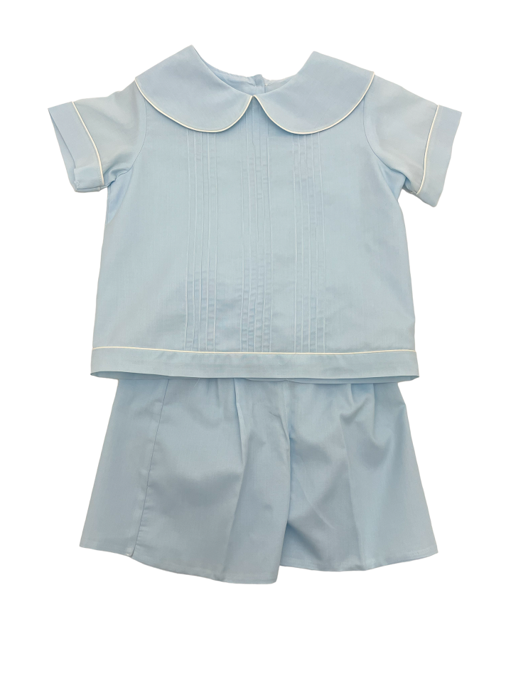 Treasured Memories Blue W/Ecru Piping Boys Short Set Tucks on Shirt S2390