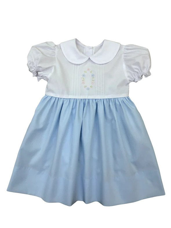 Auraluz Blue/White Dress W/Tucks Floral Emb 768G-BWFLO