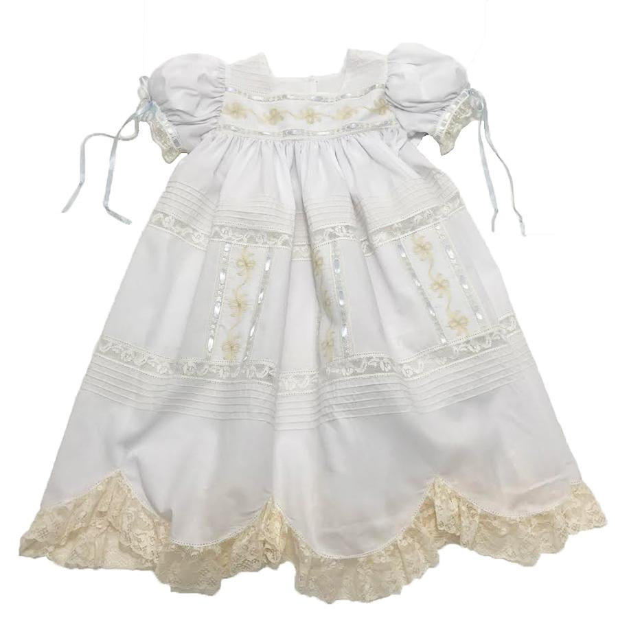 Treasured Memories White Dress w/ Ecru Lace, Ribbon Embroidery & Blue Ribbon S1802 WH/EC 5008