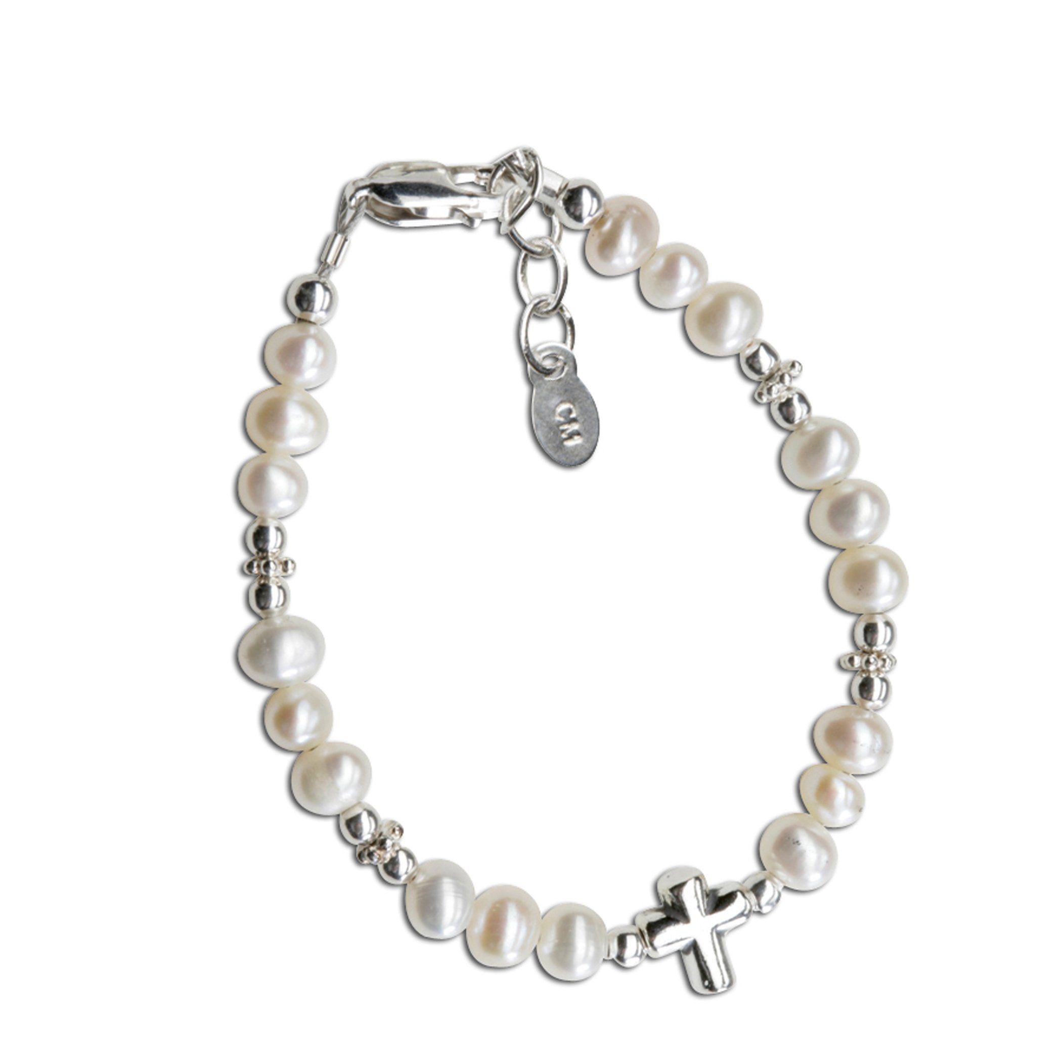 Cherished Moments Emily Sterling Silver Pearl Cross Bracelet