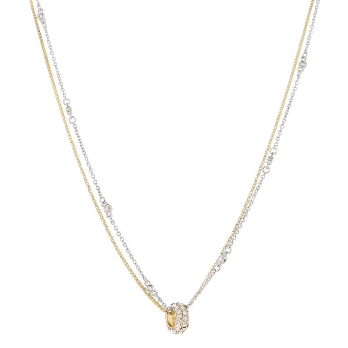 Jane Marie 2 Strand Gold Box & Silver Crystal Station Chain Necklace w/ Gold Pave Ring Pendant JM5880N-2