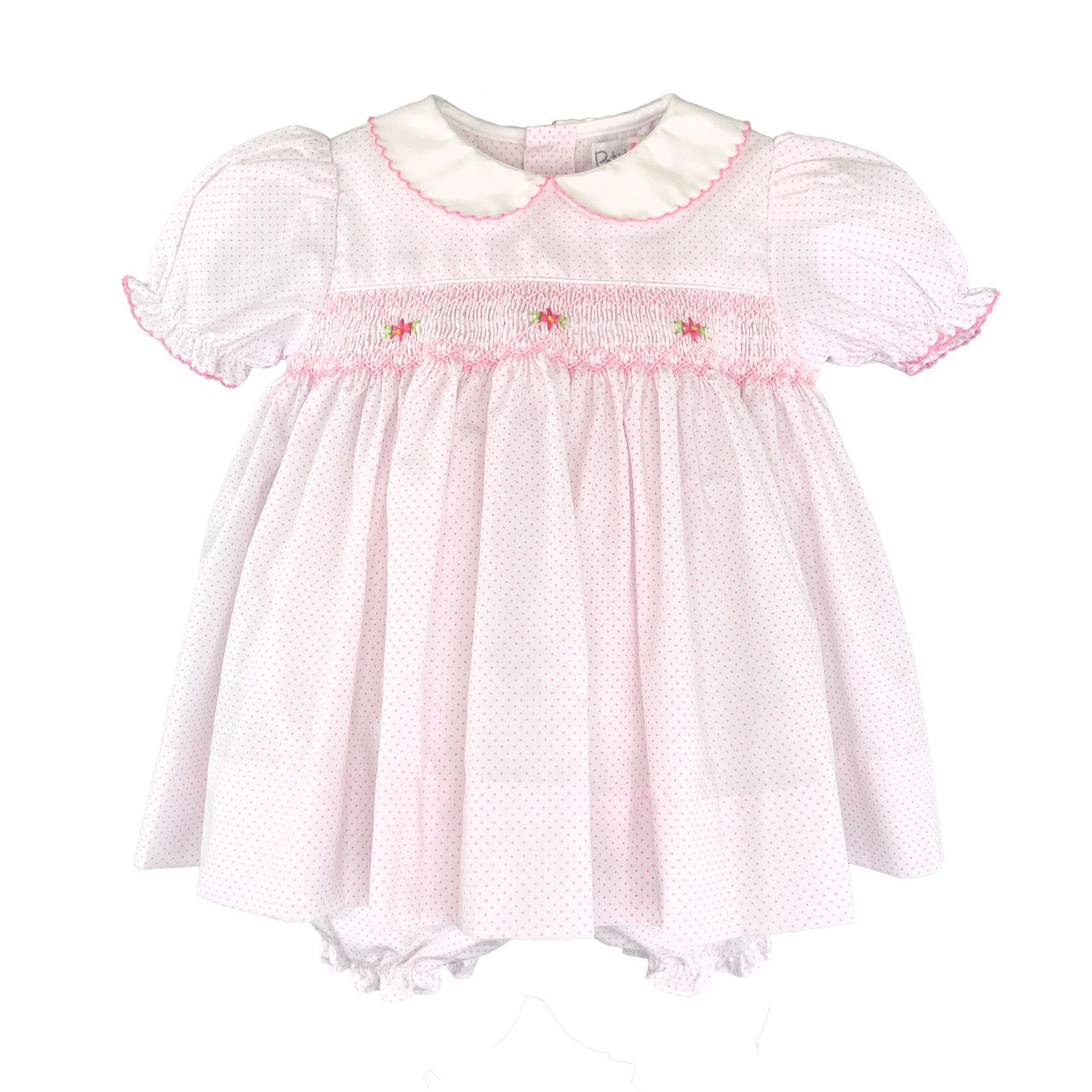 Petit Ami Dress/Bloomer W/Corded Smocking White/Pink NB 1347 5102