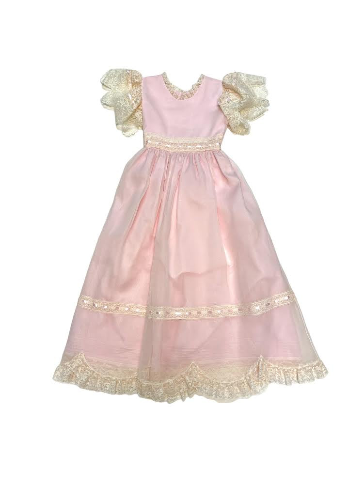 Treasured Memories Pink Dress W/Ecru lace & Pink Ribbon Lace & Ribbon Waist Tie Scallop Lace Hem & Lace Sleeves 5509 5011