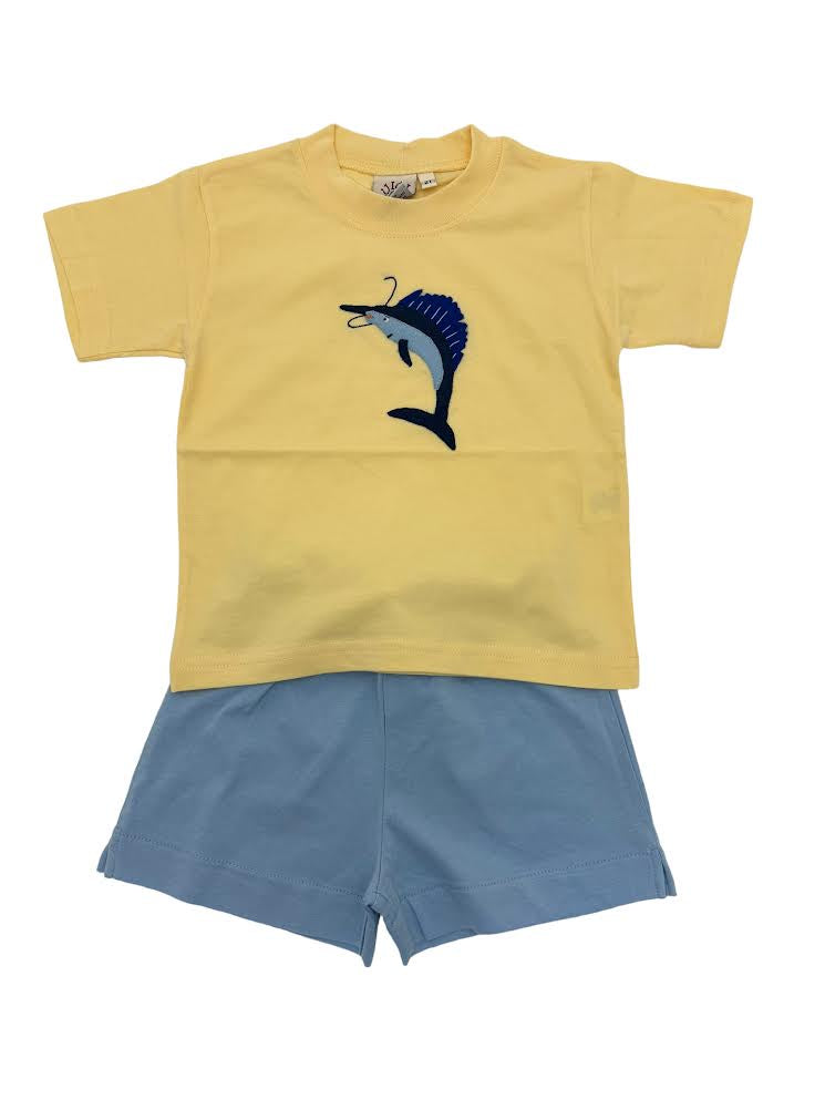 Luigi Boys S/S T-Shirt Blue Marlin Pale Yellow Shirt & Solid Boys Shorts Sky Blue T001-12633/SH097 5012 5