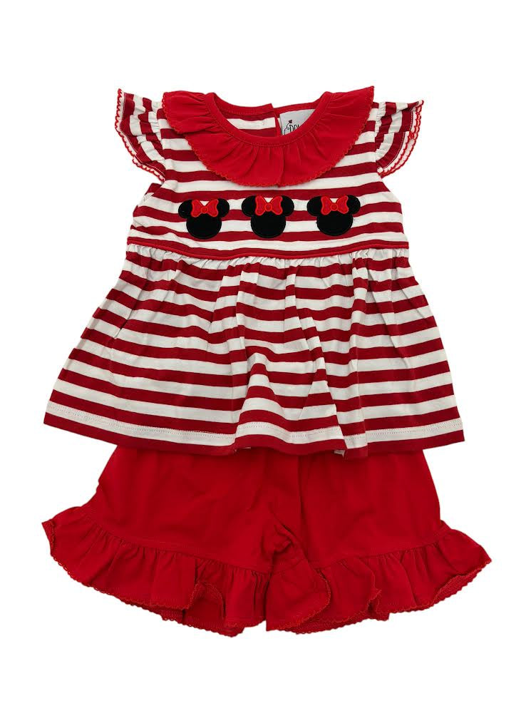 Delaney Girls Red/White Knit Stripe Short Set Applique Mouse Ears 119 5101