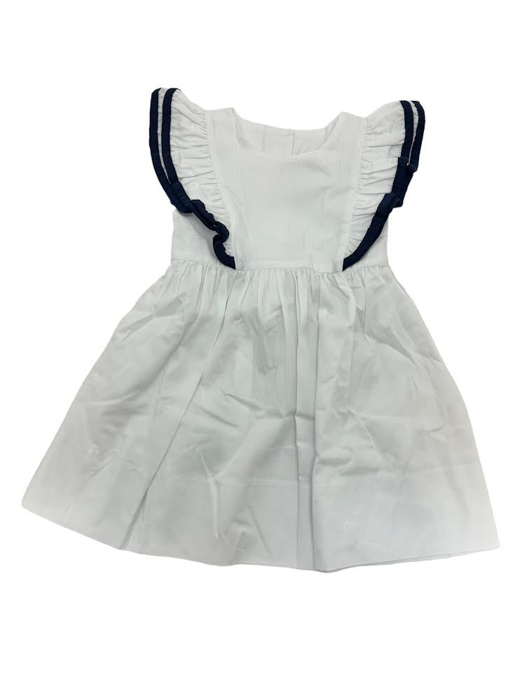 Delaney Girls White Pique Navy Trimmed Ruffle Sleeve Tie Back Dress 83 5101