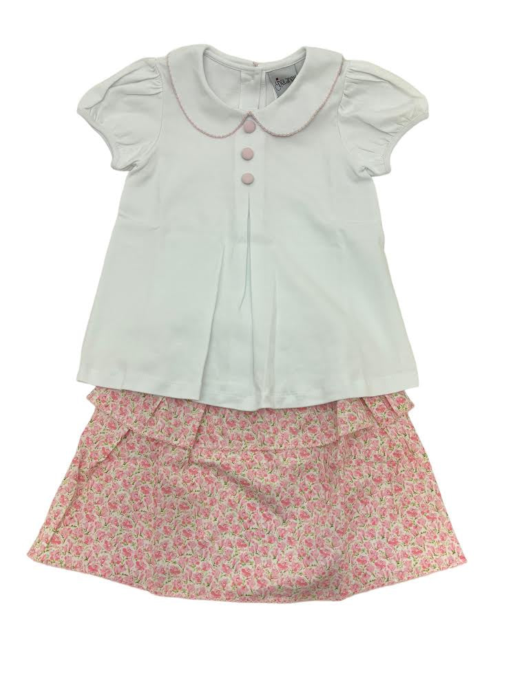 Delaney Girls Pink Floral Ruffle Tiered Skirt & White Pleat Front Top 82 5101