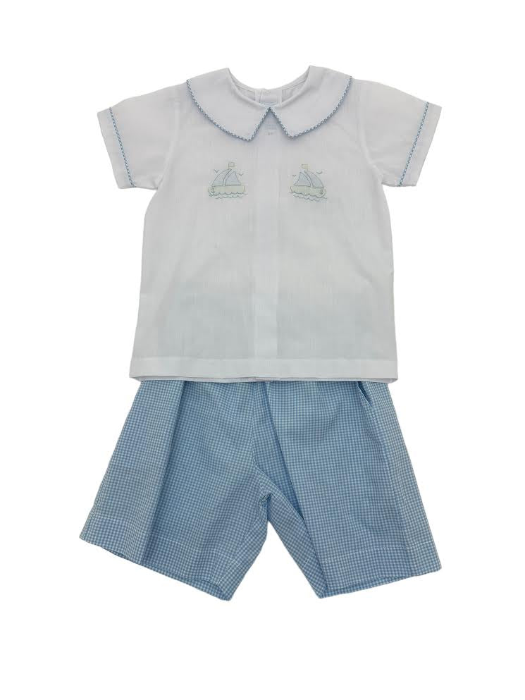 Auraluz 2pc Boy White Top/Blue Check Shorts Sailboat Shadow Emb 5818 5101