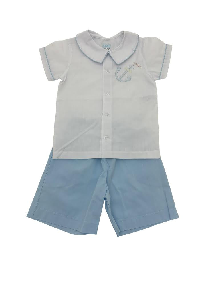 Auraluz 2pc Boy. White top/Blue Short W/Binding Trim Anchor Shadow Emb 5835 5102