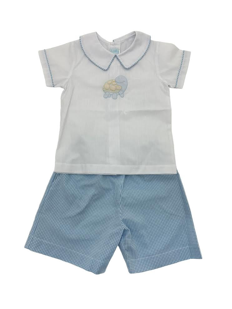 Auraluz 2pc Boy White Top/Blue Check Short W/Binding Trim 5818 5102