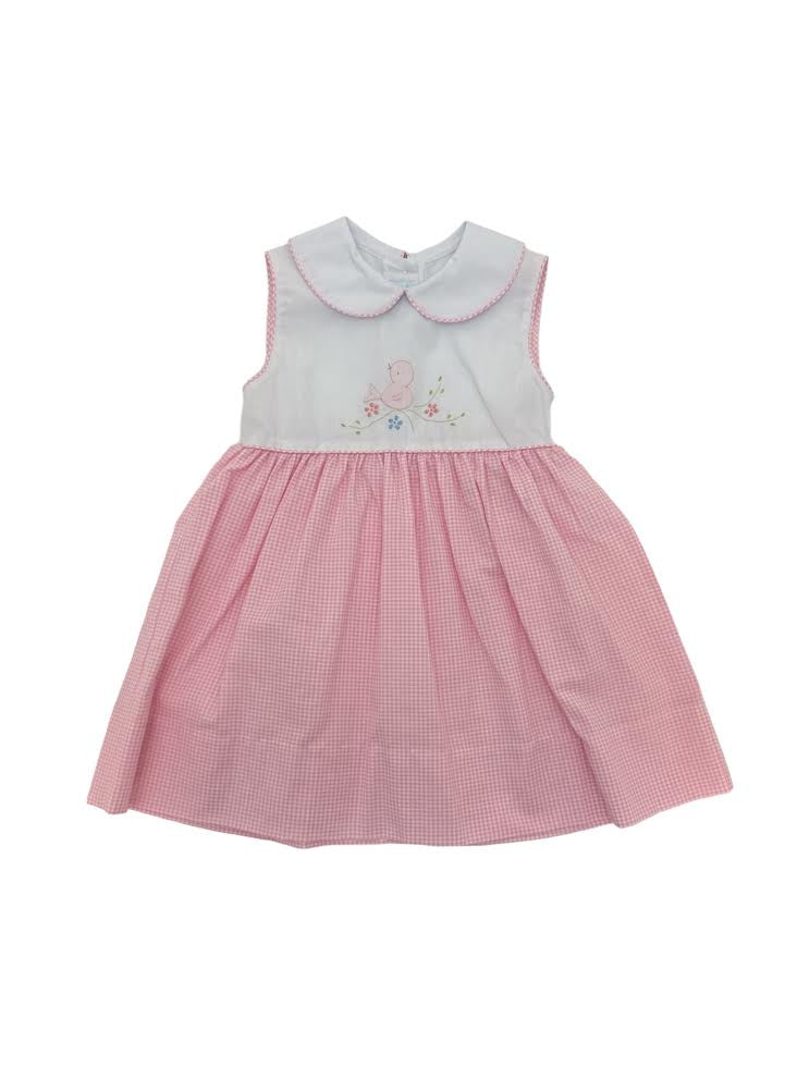 Auraluz Sleeveless Dress Pink Check Skirt W/bird Shadow Embroidery on Bodice 287 5102