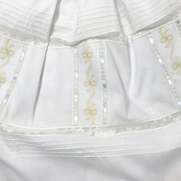 Treasured Memories White Dress w/ Ecru Lace, Ribbon Embroidery & Blue Ribbon S1802 WH/EC 5008