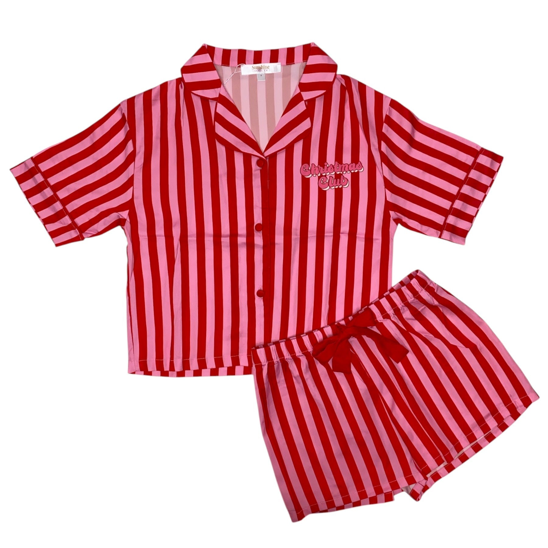 Sunshine Society Kids Silky Christmas Club Short Sleeve Short Set Red/Pink Stripe 5209