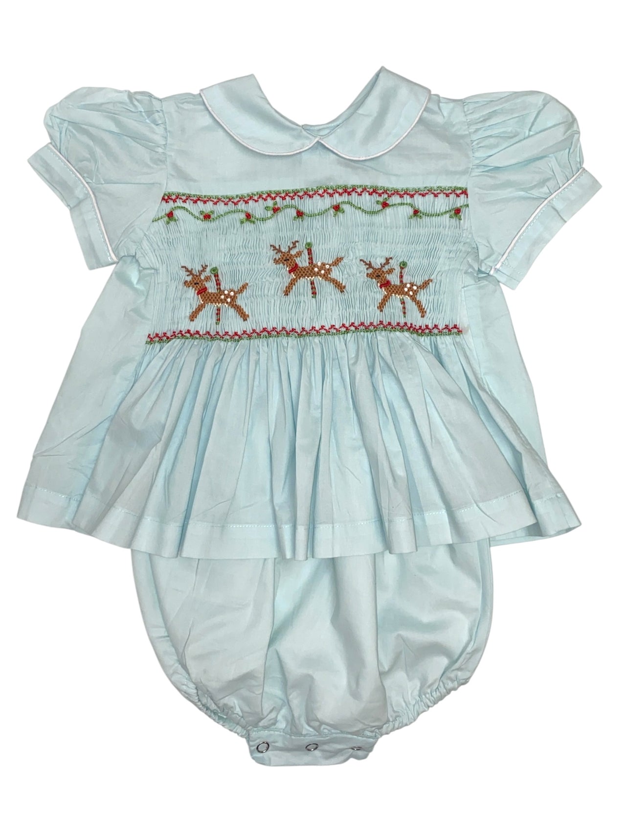 Lulu Bebe Lt Blue Reindeer Smocked Bodice Bloomerset  Tiffany-B-RND 5209