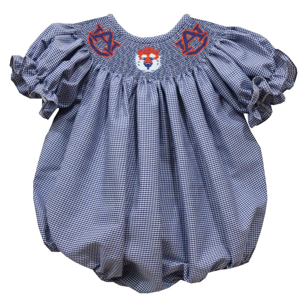 Vive La Fete Auburn Tigers Smocked Navy Gingham Short Sleeve Girls Bubble 5107