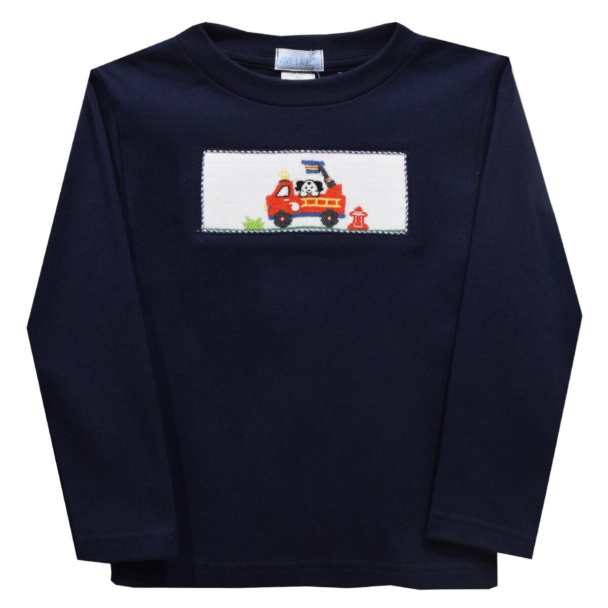 Vive La Fete Firetruck Smocked Navy Knit Long Sleeve Boys Tee Shirt 5106