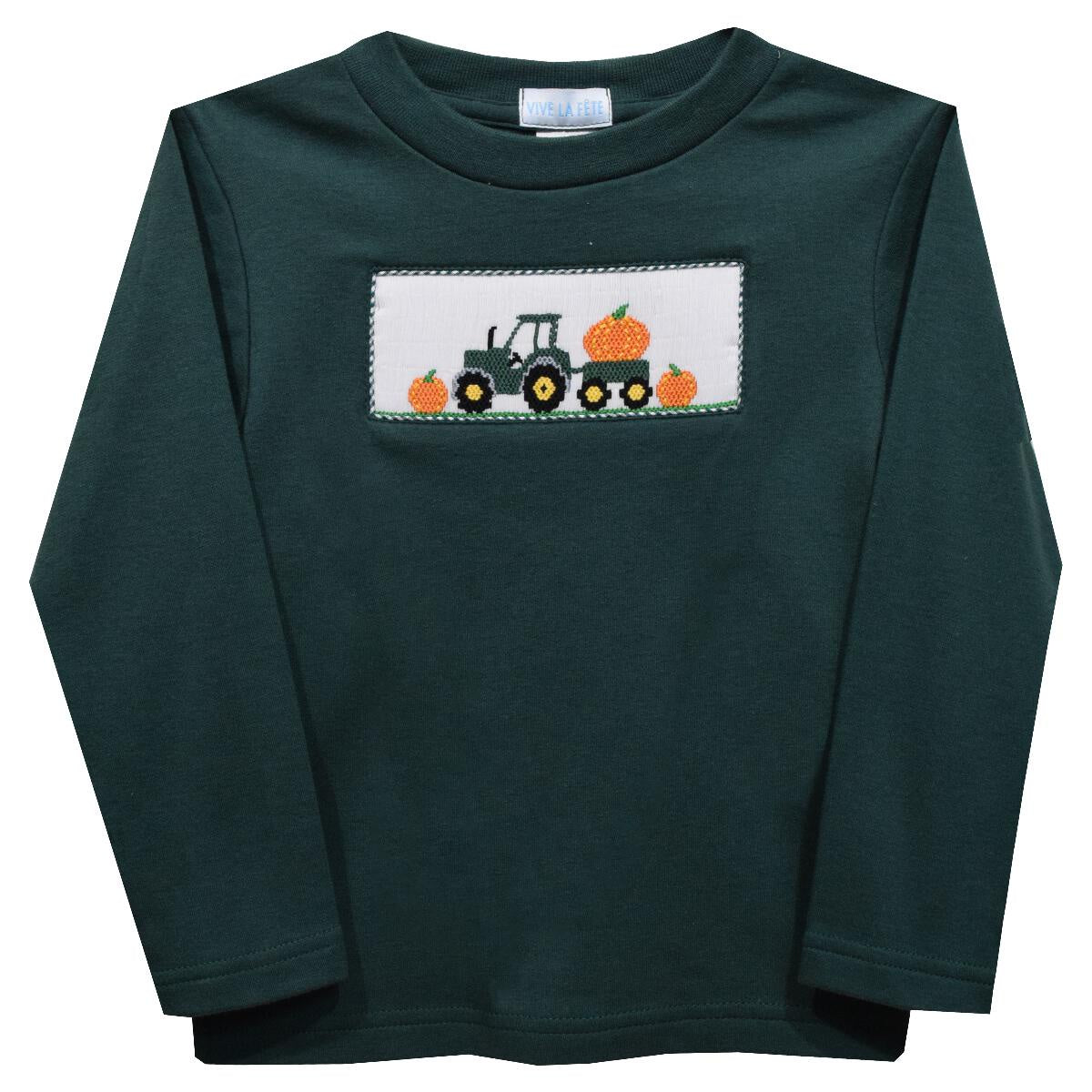 Vive La Fete Tractor W/Pumpkins Smocked Hunter Green Knit Long Sleeve Boys Tee Shirt 5106