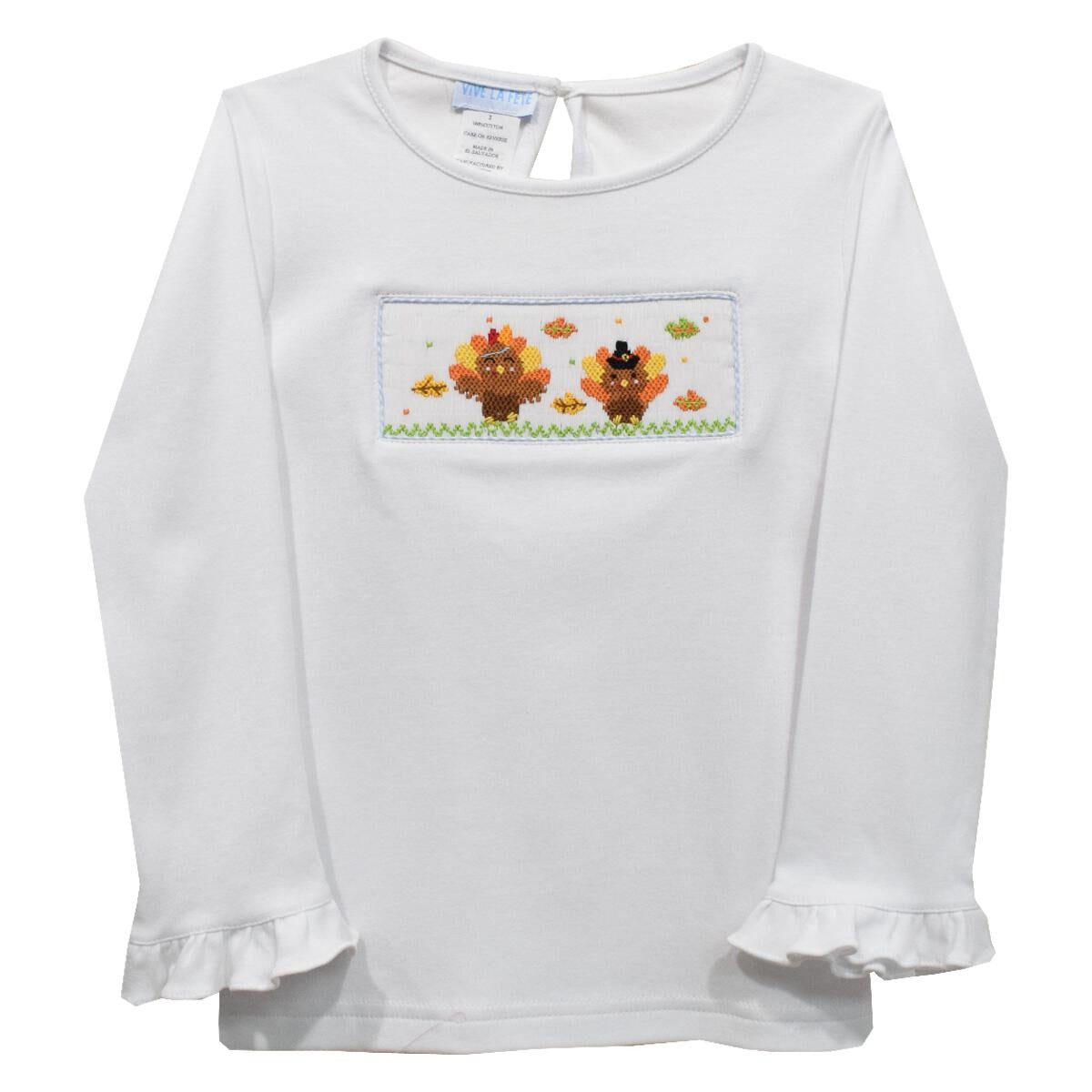 Vive La Fete Thanksgiving Turkey Smocked White Knit Ruffle Long Sleeve Girls Tee shirt 5108