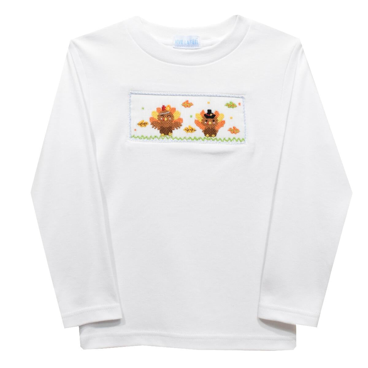 Vive La Fete Thanksgiving Turkey Smocked White Long Sleeve Boys Tee Shirt 5108