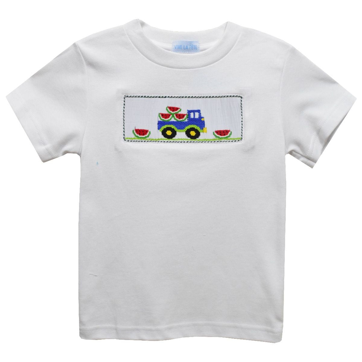 Vive La Fete Watermelon Truck Smocked White Knit Short Sleeve Boys Tee Shirt 5201